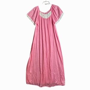 Vintage Sears Pink Nylon Nightgown Embroidered Bow Maxi Sleepwear USA One Size